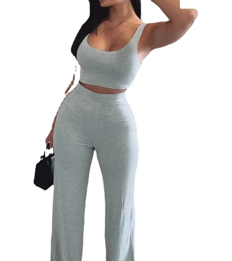 2022 Summer Hot Sale Women Wear Fashion High Waist Wide Leg Pants Vest Casual Sports Suit 2 Piece Pant Set Women