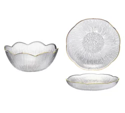 Modern simple glass bowl household bowl full set of wholesale living room fruit plate glacial pattern dessert vegetable salad bo