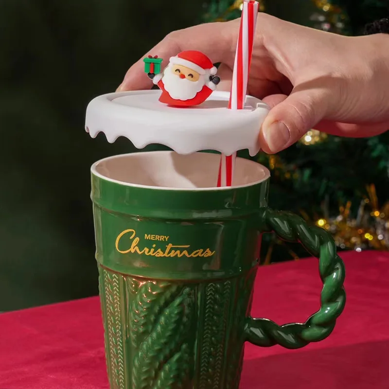 Christmas Tree Ceramic Cups with Lid Straw Souvenir Gift Christmas Mugs