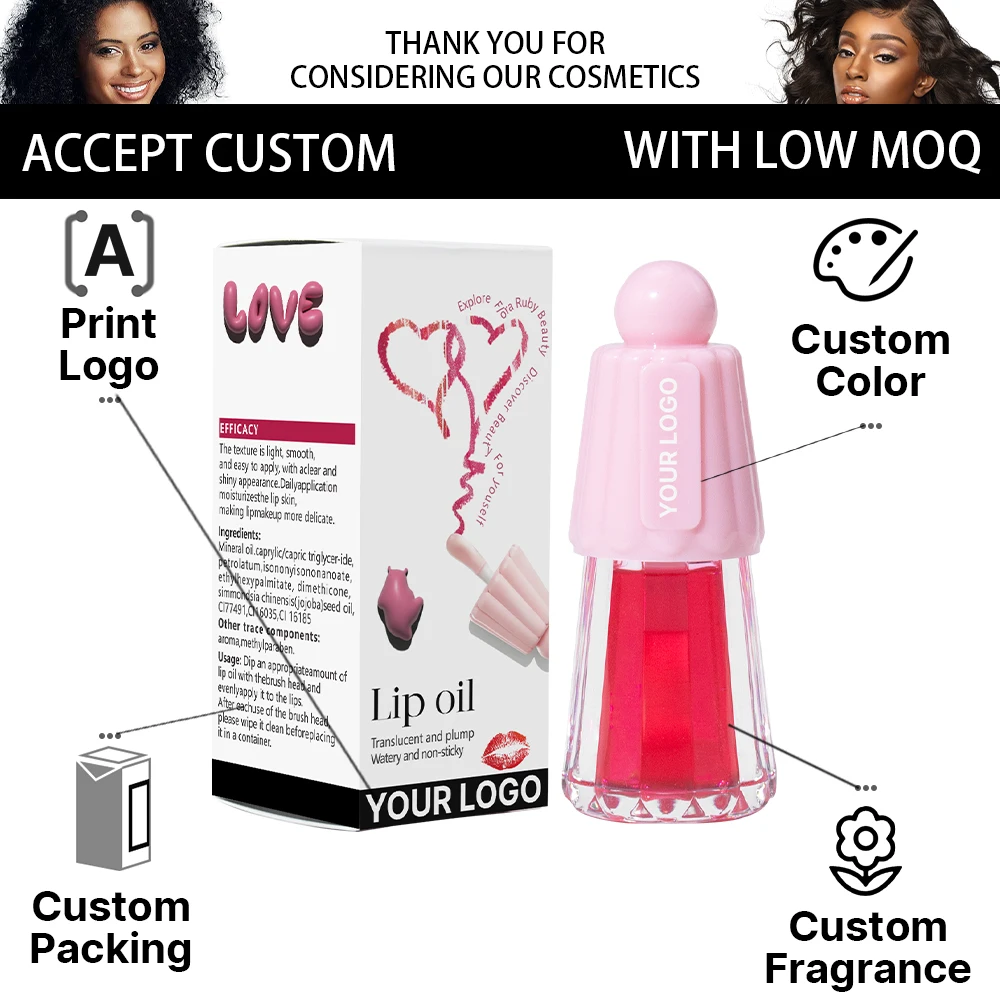 Flora Ruby korean private label cute gold tinted clear waterproof plumping fat gloss lip glow balm oil plump lip gloss stain