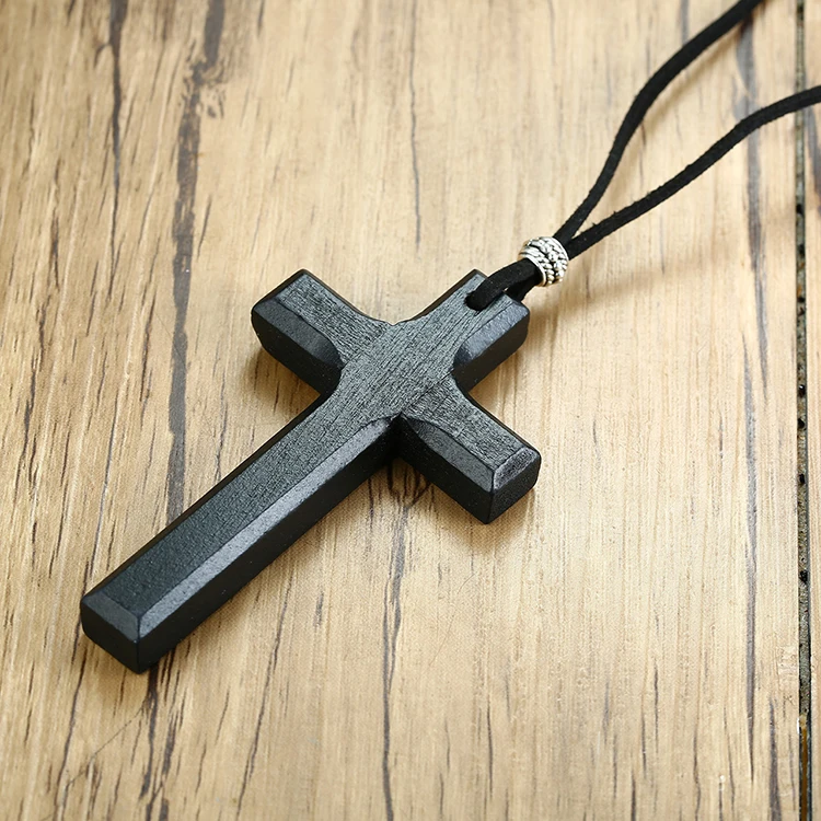 Handmade Vintage Leather Cord Wooden Cross Necklace For Men And Women