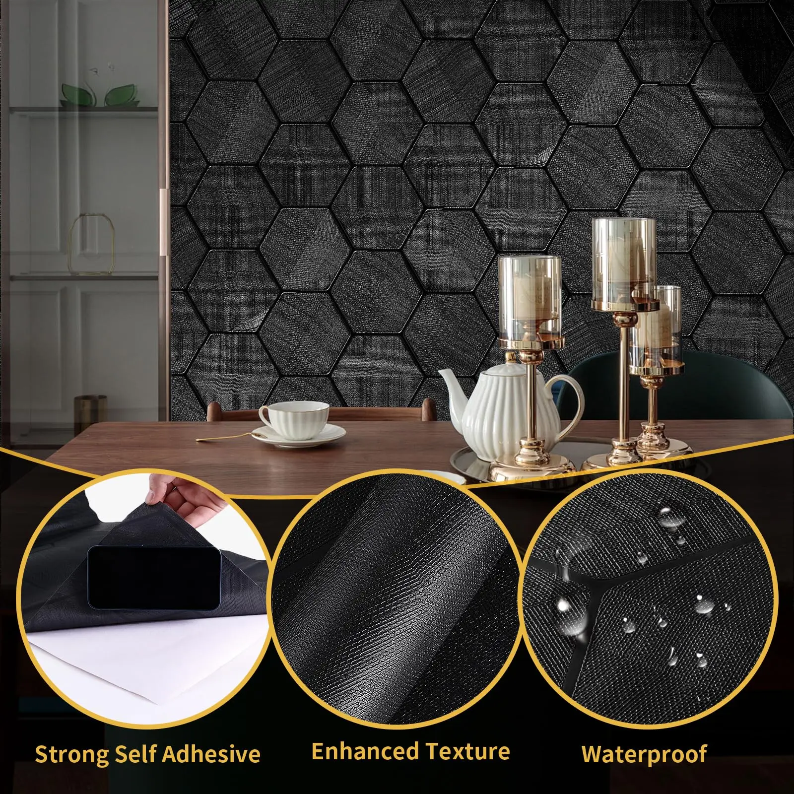 Hexagon Geometric Embossed Contact Paper Black Textured Wall paper for Cabinet Bedroom