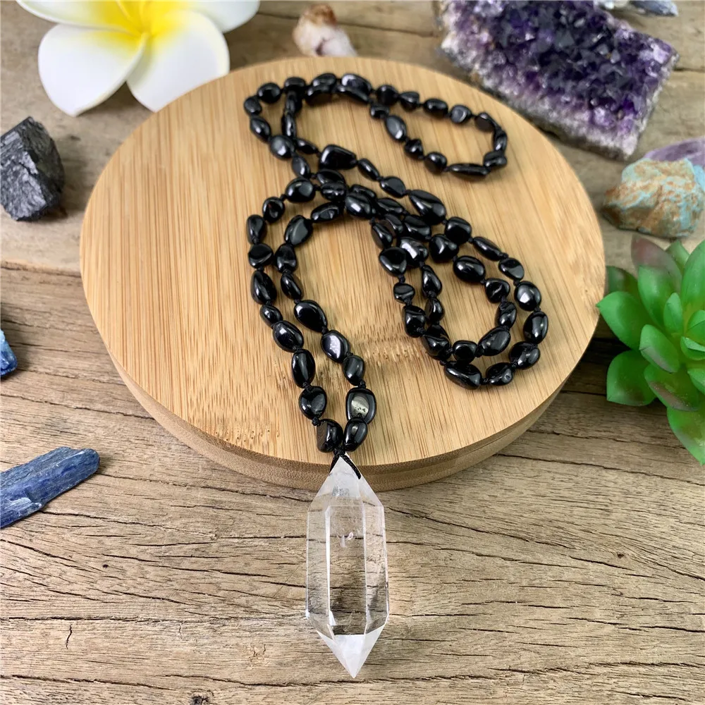 LS-A232 Black Tourmaline Chips Beads Knotted Necklace,Natural White Quartz Pendants Healing Crystal Necklace,Mala Beads necklace