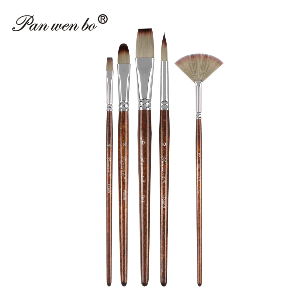 Panwenbo Art Materials 5Pcs Reddish Brown Handle Professional Artist Brushes Set Master Grade Painting Brushes For Art