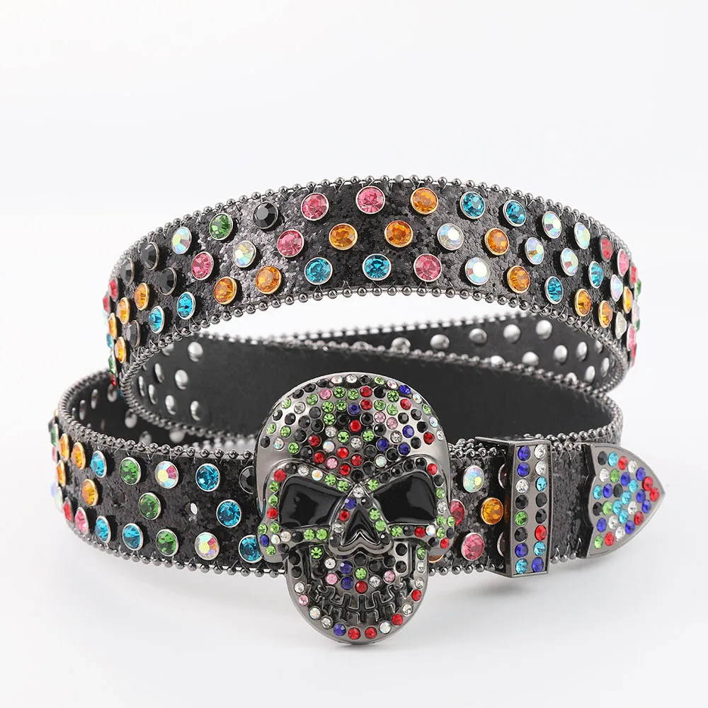 Wholesale Western Crystal Belt Punk Riveted Rhinestone Belt Gothic Skeleton Rhinestone Skull Belt Men Punk Fashion