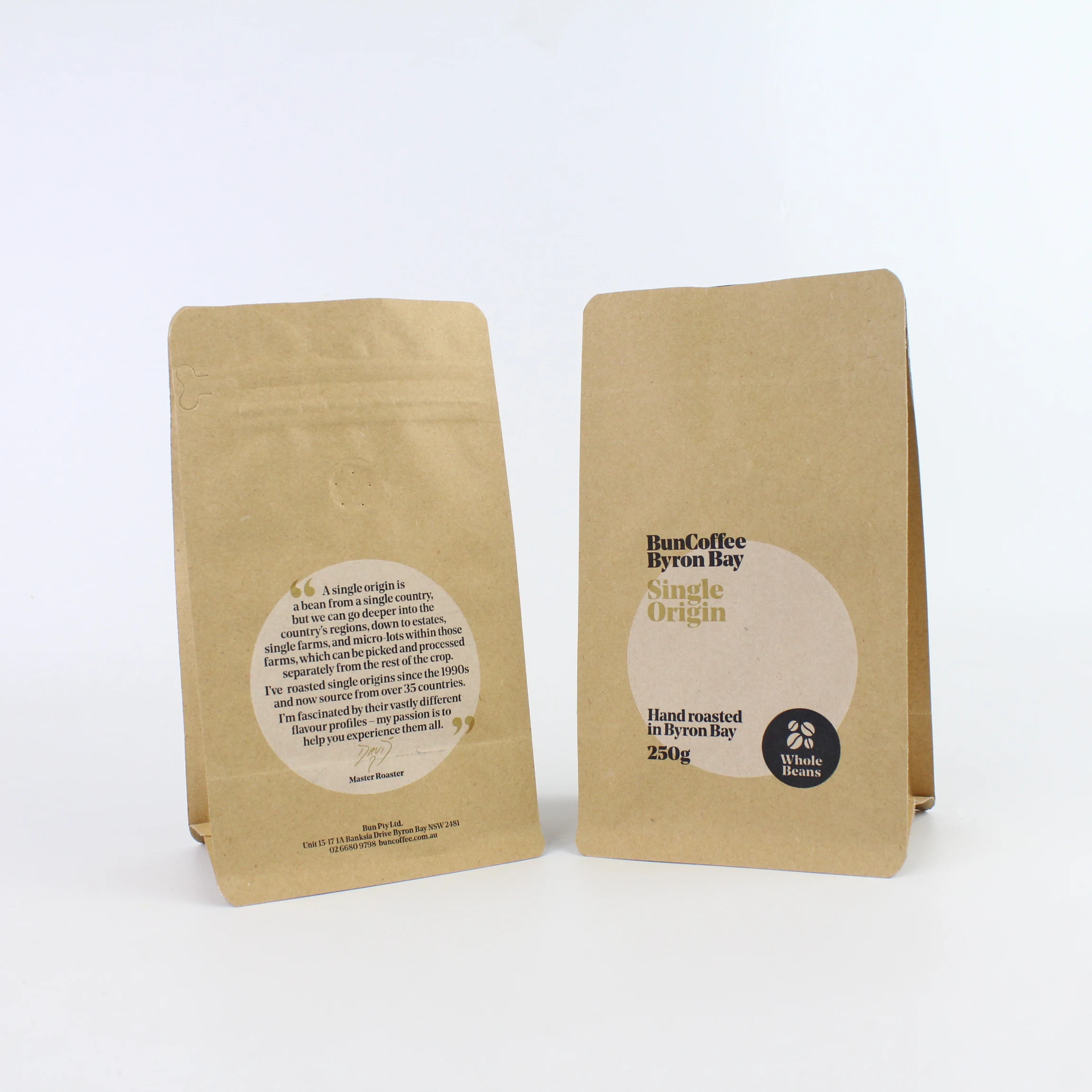 Eco-friendly 250g custom print ziplock aluminum foil kraft paper flat bottom coffee bag with valve