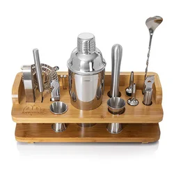 15-Piece Premium Quality Stainless Steel Bartender Kit Cocktail Shaker Bar Set with Wooden Stand