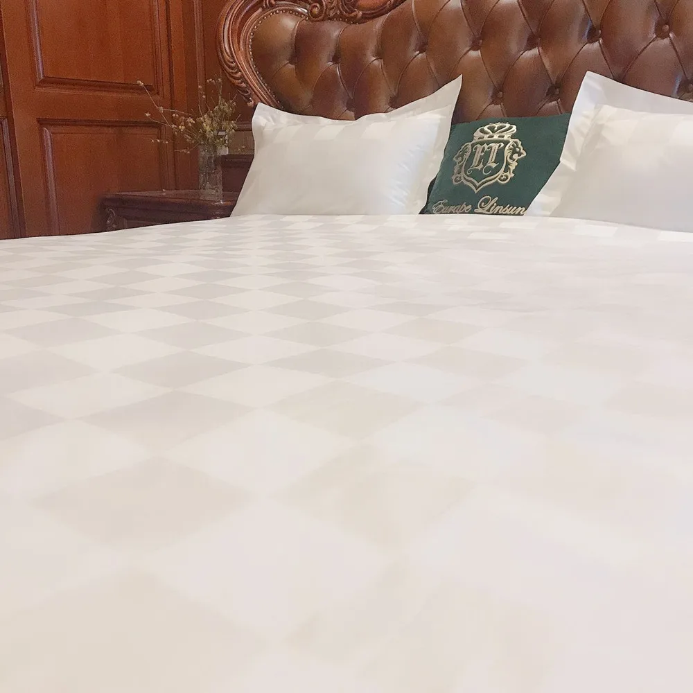 Deeda factory dobby check plain sateen white hotel bed sheets queen