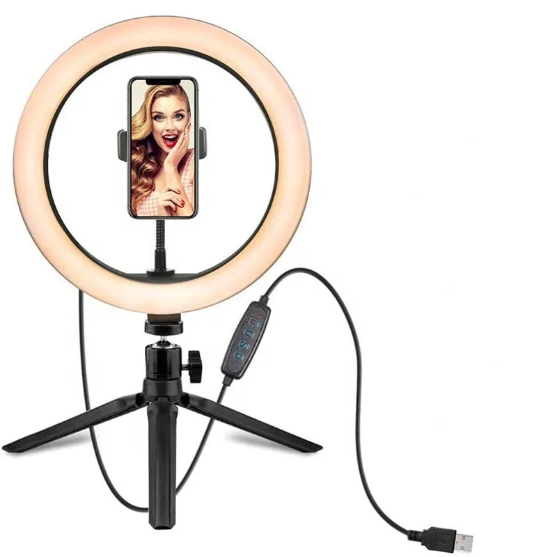 Кольцевой светильник для селфи со штативом, универсальный держатель для телефона, пульт дистанционного управления, питание от USB для живых трансляций