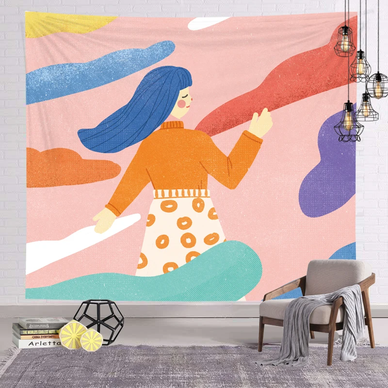 
Girl And Dancer tapestry Wholesale Tapestry Print Colorful Plant Happy Wall Hanging 