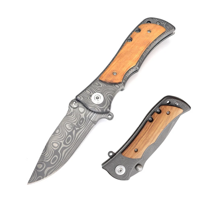 Olive Wood Handle Knife Pocket Damascus Laser Engraved Knife Pocket  Custom Outdoor Hunting Camping Survival Folding Knife