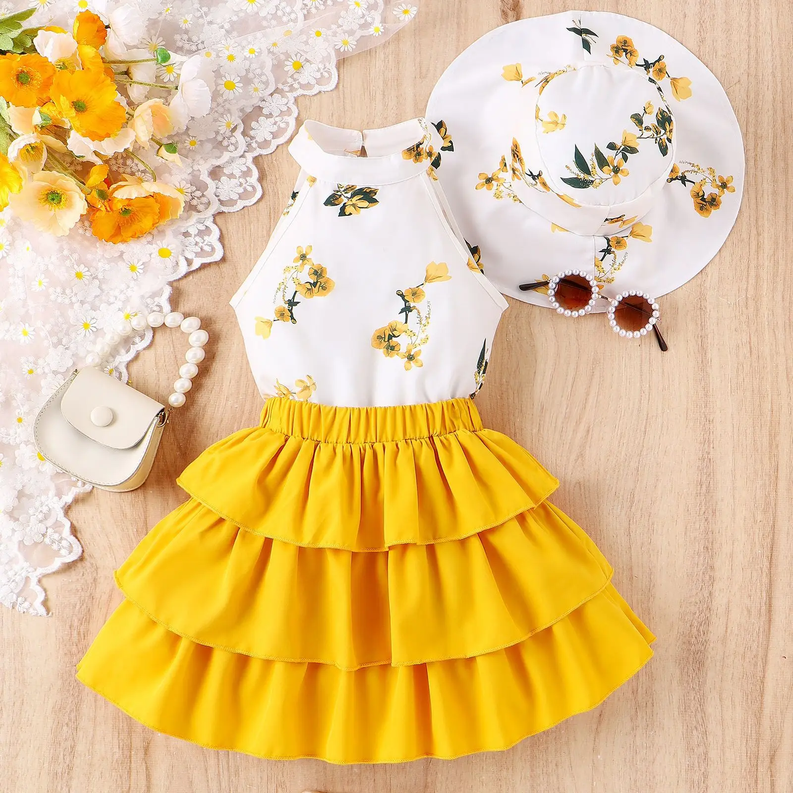 2024 Summer Cute Girls 3Pcs  Clothes Floral Printed Halter Top Cake Skirt Hat Toddler Clothing Suit Kids Outfits Wholesale