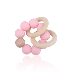 Hot Sell Silicone Beads Anneau Dentition Diy Baby Silicone Rattle Wrist Ball Teether Ring Wooden Binky Toys Newborn Babi gift