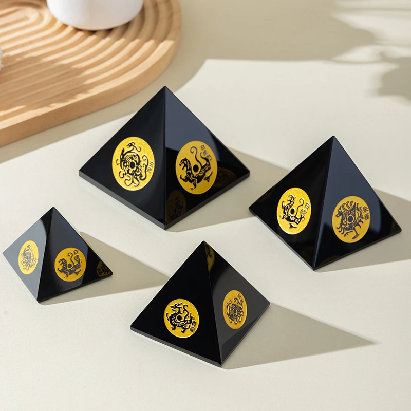 Natural Obsidian Four Divine Beasts Pyramid Ornament for House Protection and Home Decoration - Original Stone Feng Shui Style