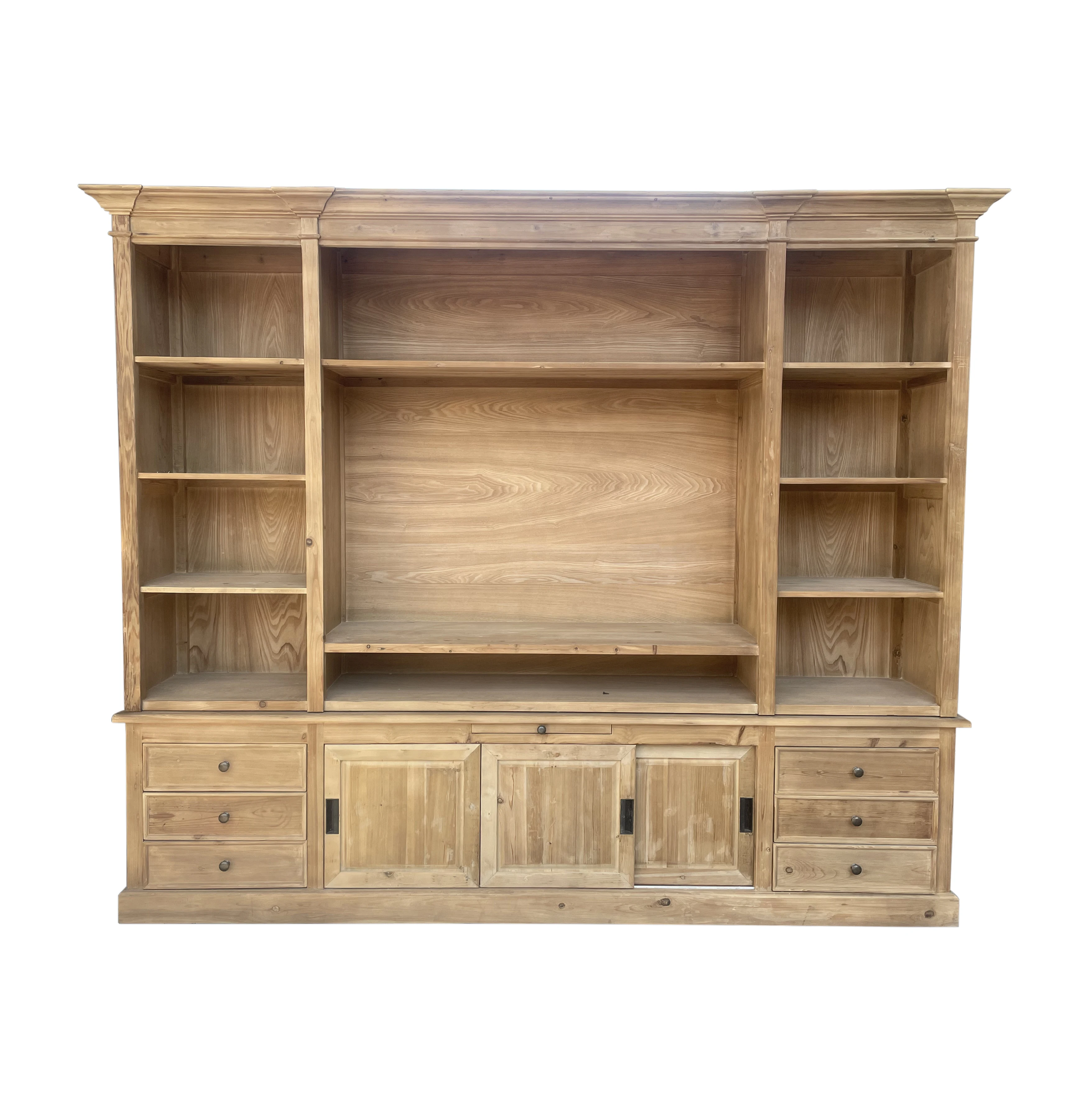 French country style reclaimed wood home bookcase large rustic storage cabinet with TV space