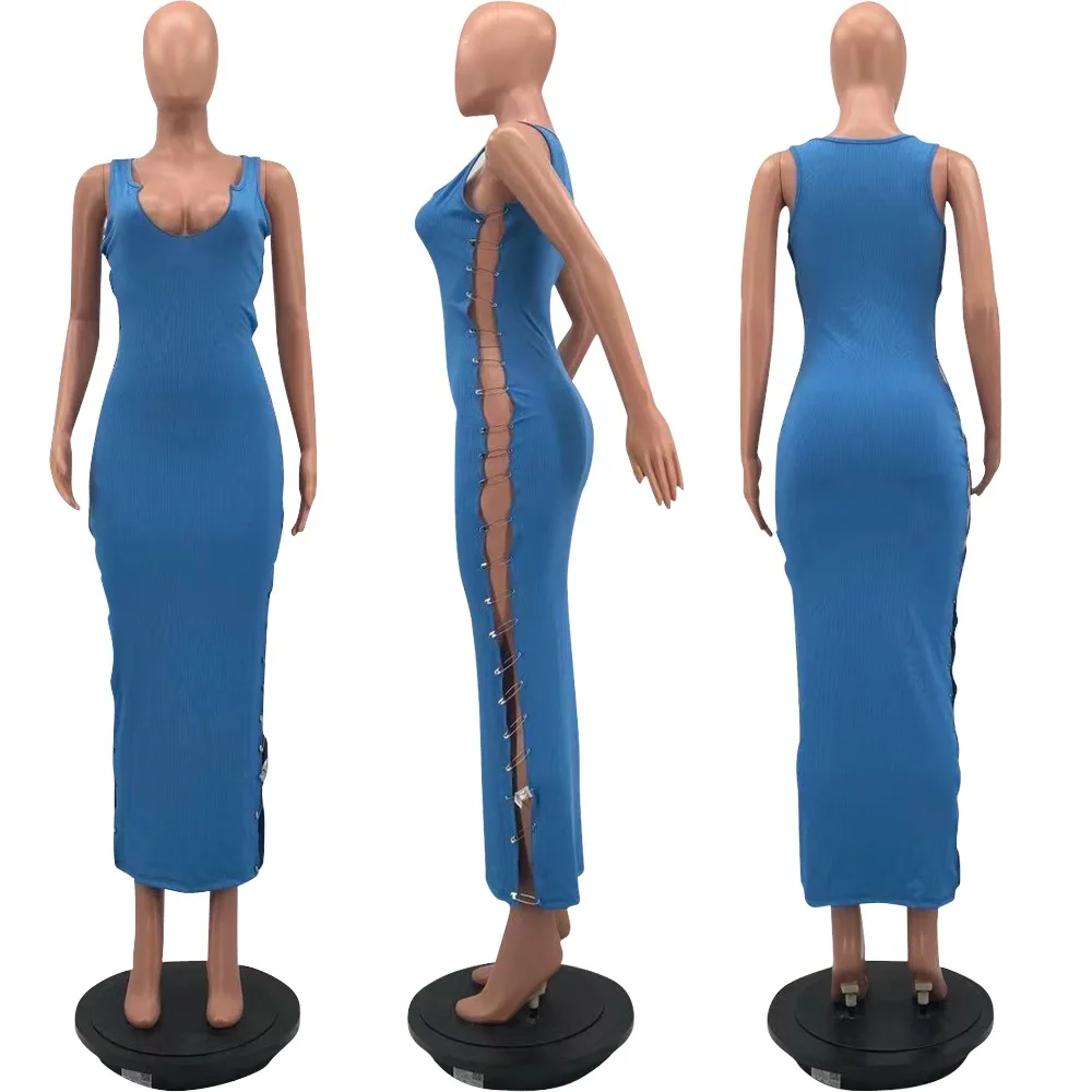 Casual Pin Up Side Hollow Out Women Sleeveless U Neck Fashion Bodycon Ribbed Knitted Long Dress Stretchy Summer Club Dresses