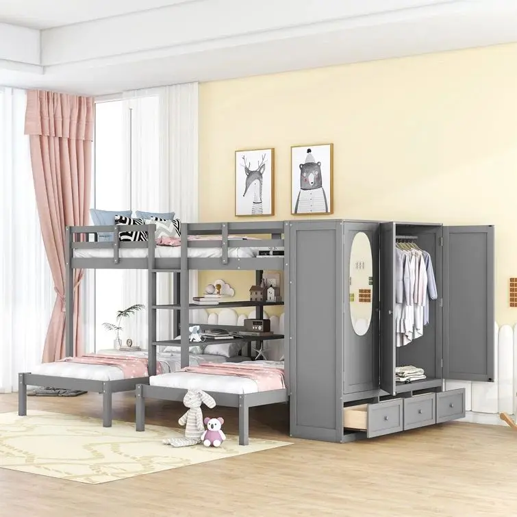 Modern Twin over Twin Full Bunk Bed with 3 Drawers Shelves Pine Wood Panel for Kids for School Hotel Hospital Outdoor Use