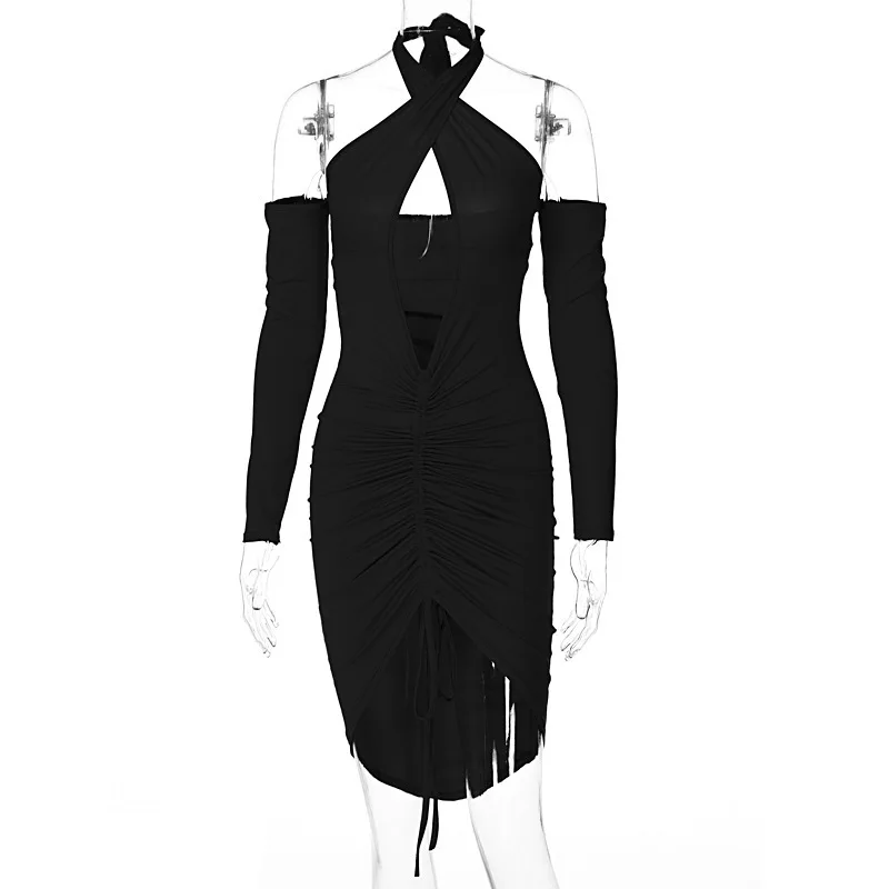 2022 Fashion Sexy Backless Nightclub Party Dress long-sleeved chest hollow drawstring club dresses Solid Color Tight Dress