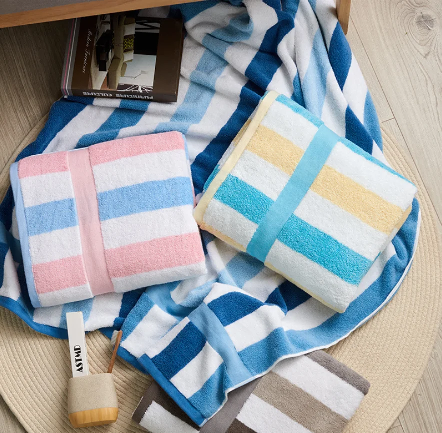 Custom logo stock premium 100% cotton terry absorbent oversized beach towel luxury bath towel Stripe Color