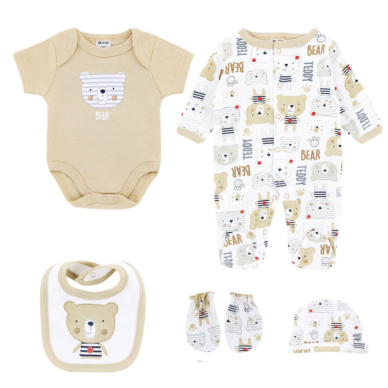Custom Baby Khaki Bear Newborn Clothes 0-9M Rompers+Bodysuits +Bibs+Hats+Gloves 5pcs Baby Clothes Cotton Romper Gift for Baby