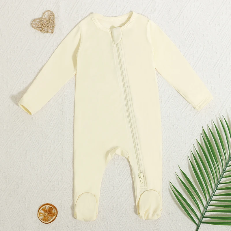 New Born Baby Clothes Diagonal Zip Front with Neck Protection Cover Long Sleeve Bamboo Material Baby Romper