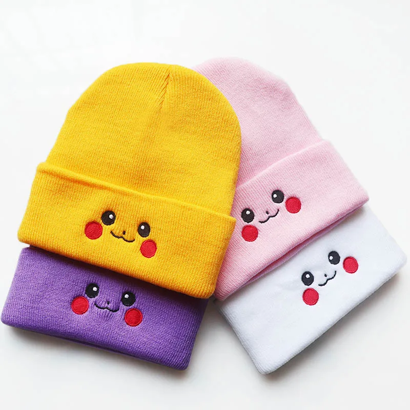 Cute Anime Cartoon Smiling Face Knitted Winter Hat Outdoor Pullover Hip Hop Woolen Cap Warm Acrylic Cold Beanie