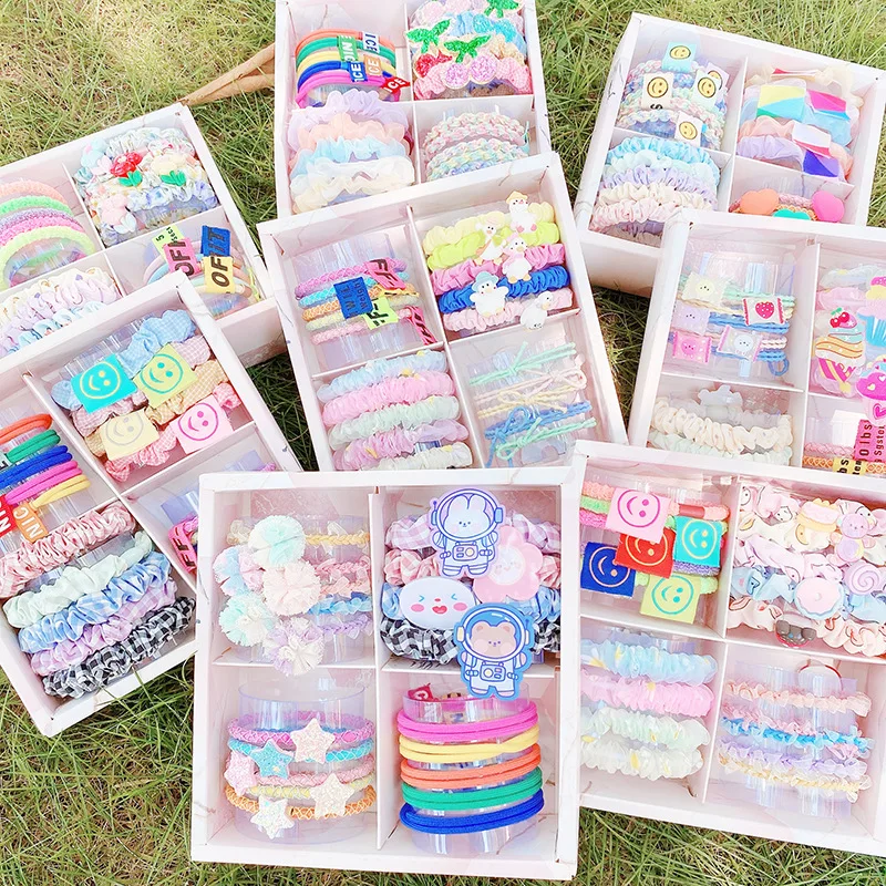 Разноцветные резинки для волос, набор аксессуаров для волос в коробке, эластичные резинки для волос из смешанных материалов для девочек, оптовая продажа