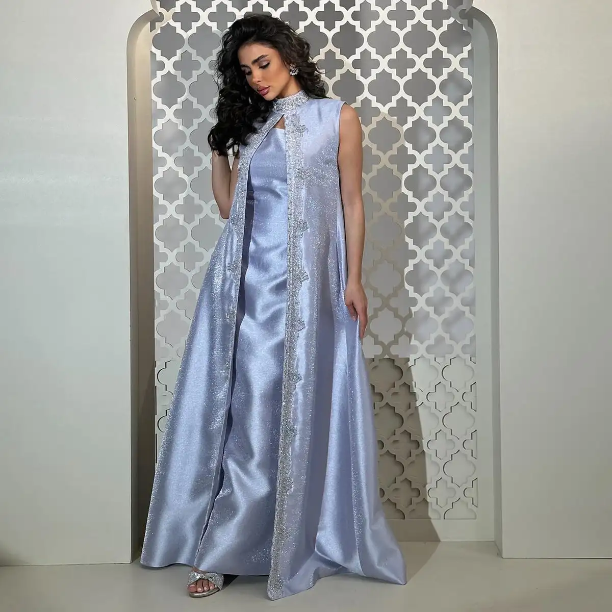 Ruolai  ASA-SS96  Elegant Arabic Lillac Evening Dresses with Detachable Cape Luxury Rhinestone Dubai  Wedding Party Gowns
