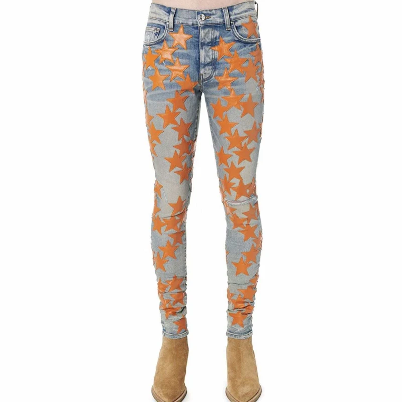 New Style  High Street high quality mens skinny star leather jeans men denim plus size pants & jeans