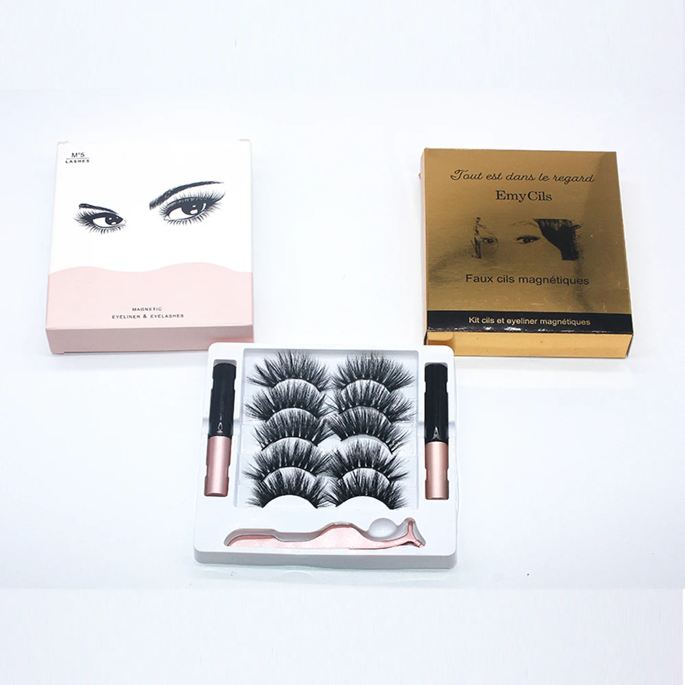 Cheap handmade high quality magnetic eyelashes with eyeliner tweezers magnetic Eyeliner 5 pairs of Magnetic eyelashes suit