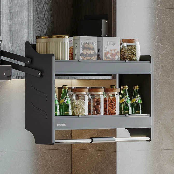 Goldmine Kitchen Cabinet Drawer Pull Out Baskets Double Top Cabinet Condiment Basket Lift Aluminum Steel Kitchen Storage