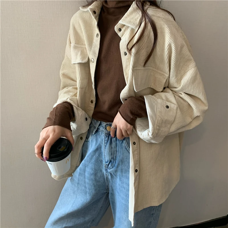 Droma Korean Style Retro Loose Corduroy Shirt Solid Color Bat Sleeve Thickened Female Jacket Coat