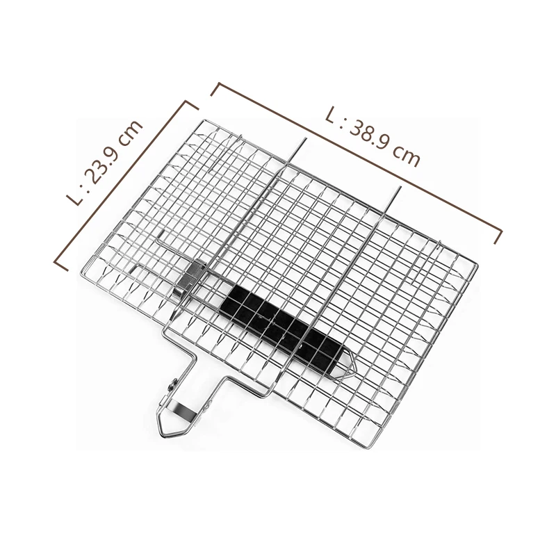 Non Stick Bbq Basket Net Grill Barbecue Holder Wired Sausage Grill Net Metal Clip Bbq Wire Mesh Grill Rack With Wooden Handle