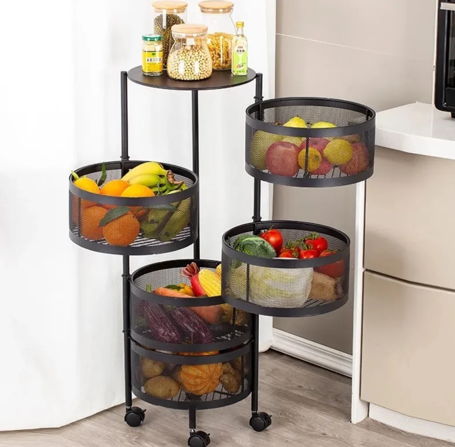 Floor-standing round rotating rack Kitchen multi-layer trolley Vegetable and fruit pots and pans storage storage basket