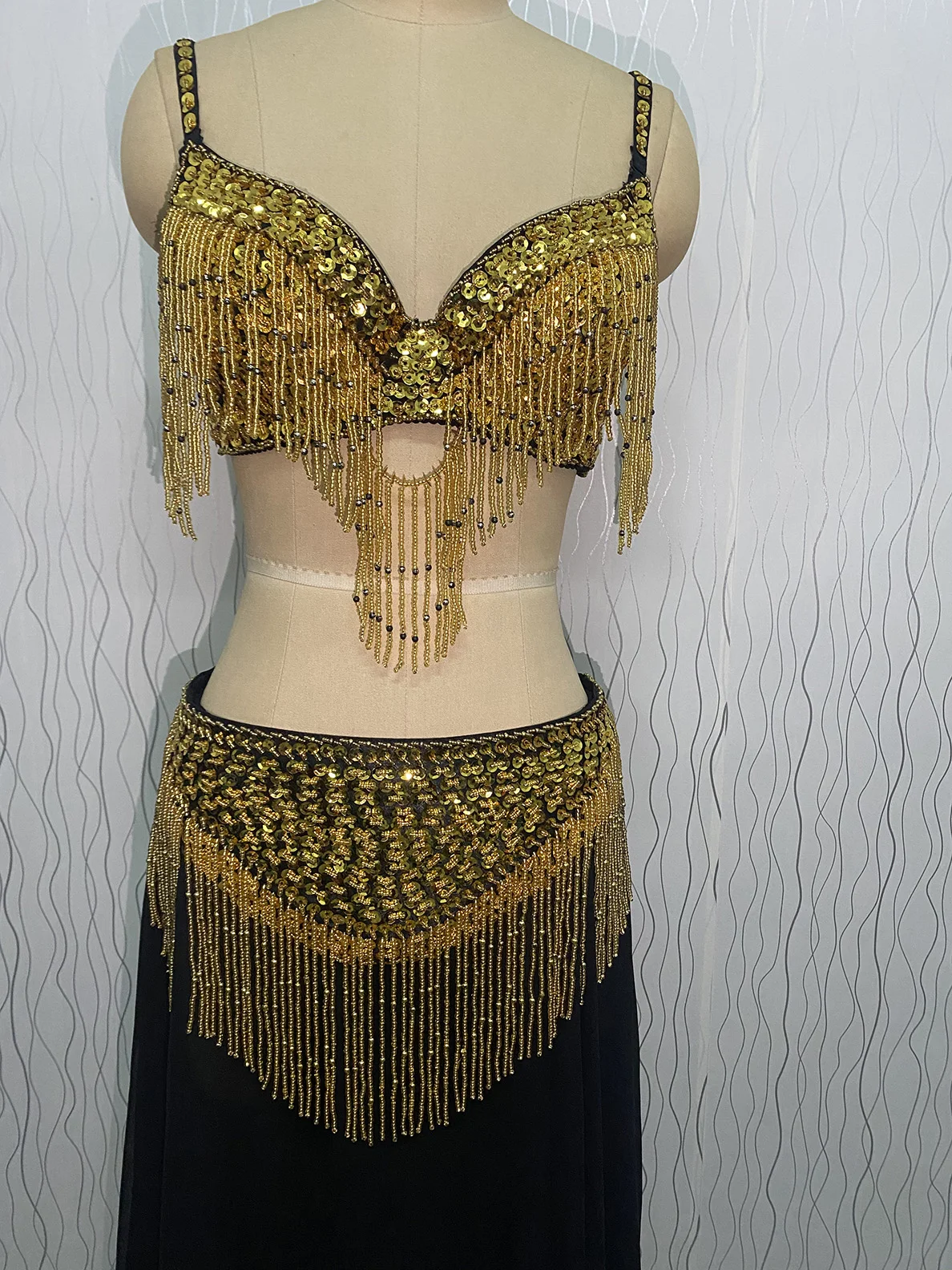 High quality beaded fringe bra& belt outfit set for belly dance performance