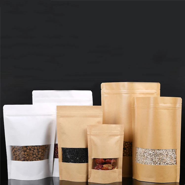 Stand Up Zipper Ziplock Kraft Brown Paper Resealable Heat Sealable Food Storage Doypack Packaging Pouches Bag With Clear Window