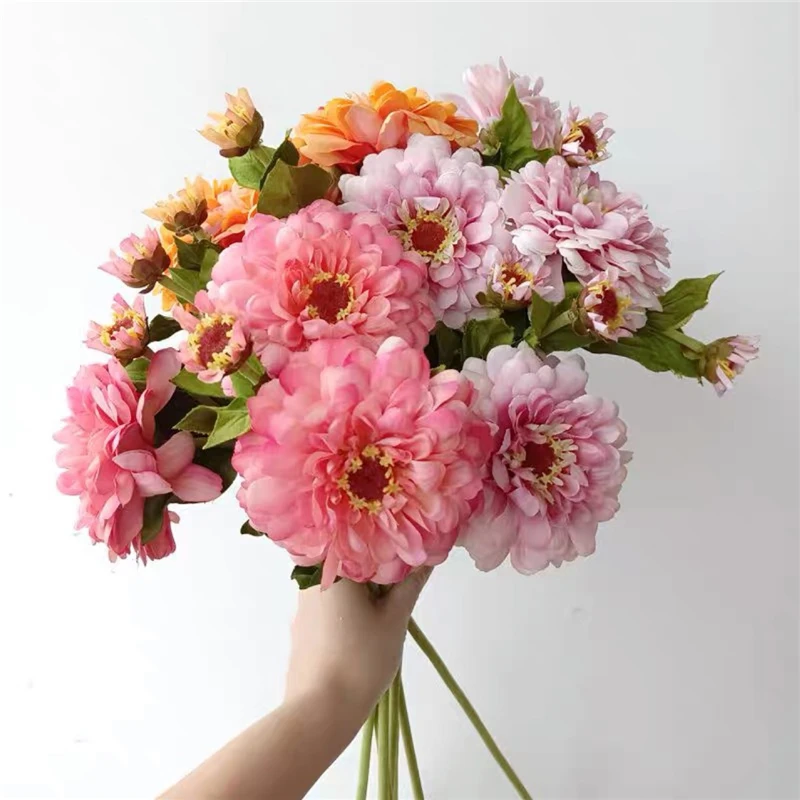 Mexico Zinnia Flower Single Stem Artificial Dahlias for Home Decoration Melaleuca Chrysanthemum Florists