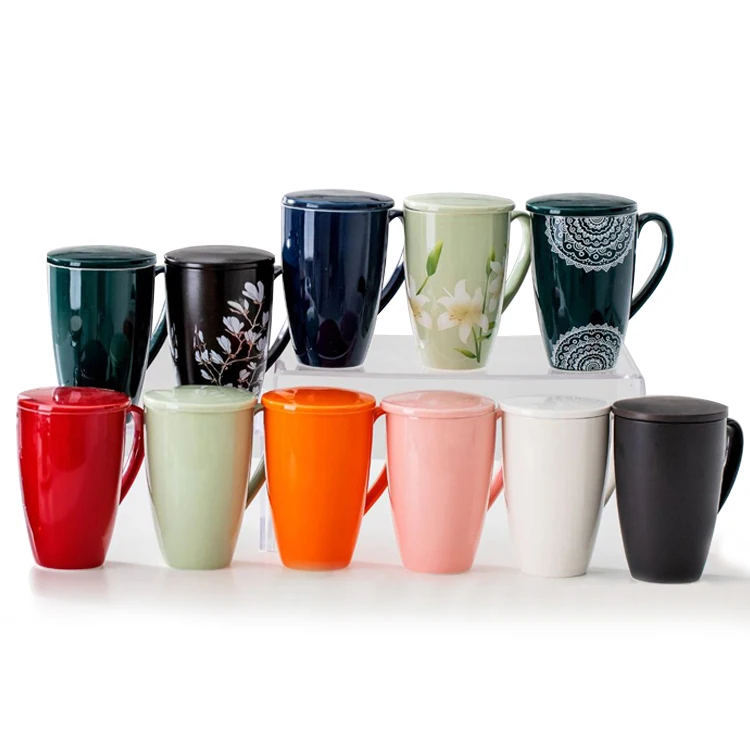 Custom LOGO Wholesale Porcelain Ceramic Tea Infuser Mug Cup with Infuser Basket and Lid