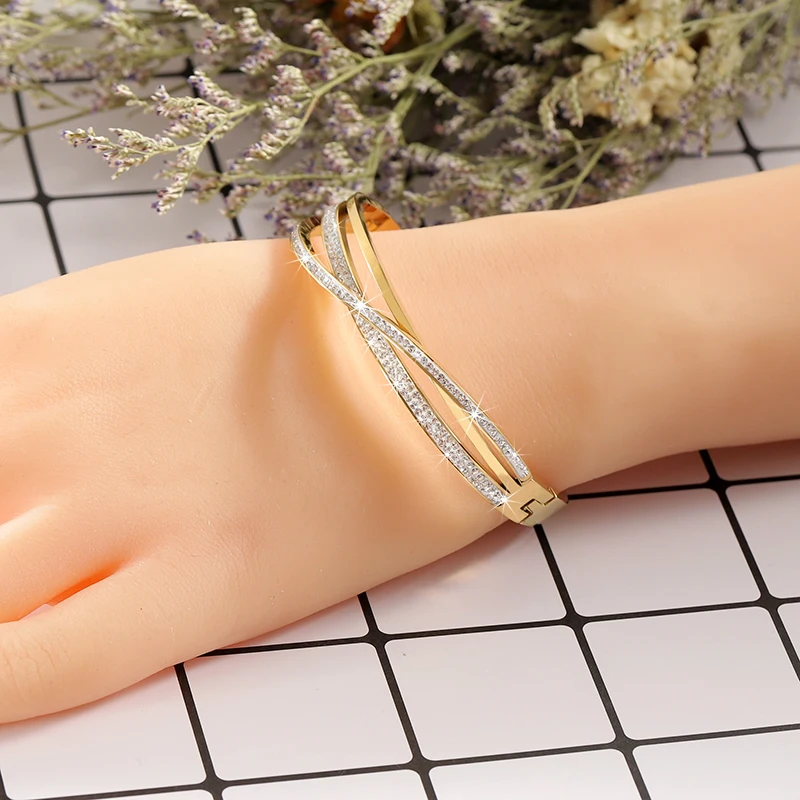 Charm Stainless Steel Shiny Rhinestone Luxury Statement Vintage Unique 24 Karat Gold Cuff Bracelets Bangle For Wedding Bridal