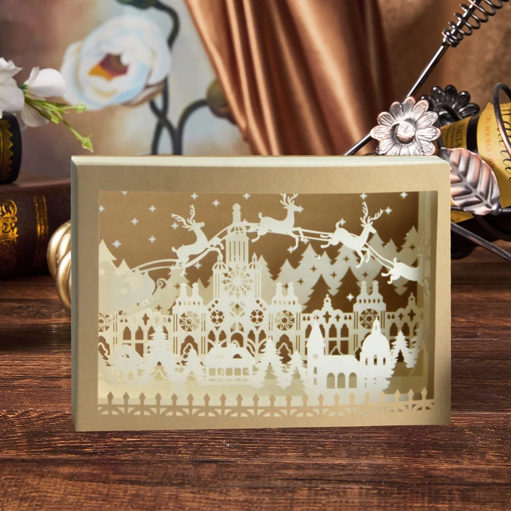 Personalised Laser Cut 3D Pop-up Greeting Card The Building And Reindeer Design for Winter Merry Christmas