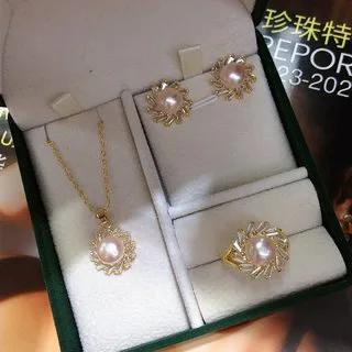 8-9mm Natural real freshwater Black Pearl bride jewelry White Zircon Classic Pearl Necklace Earrings Ring Set