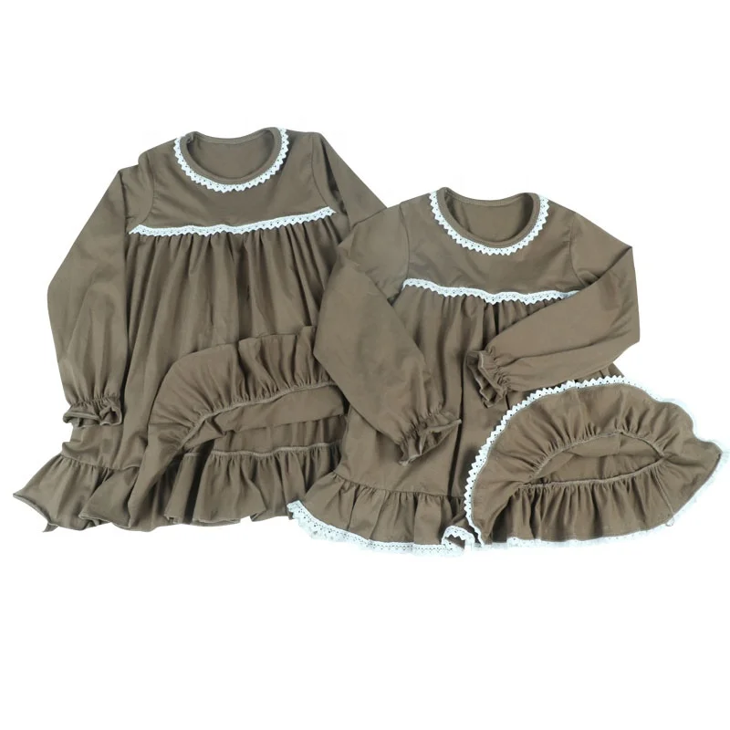 New style little girls nightgown ruffles night dress with white lace brown cotton 3/4 sleeves children sleeping wear