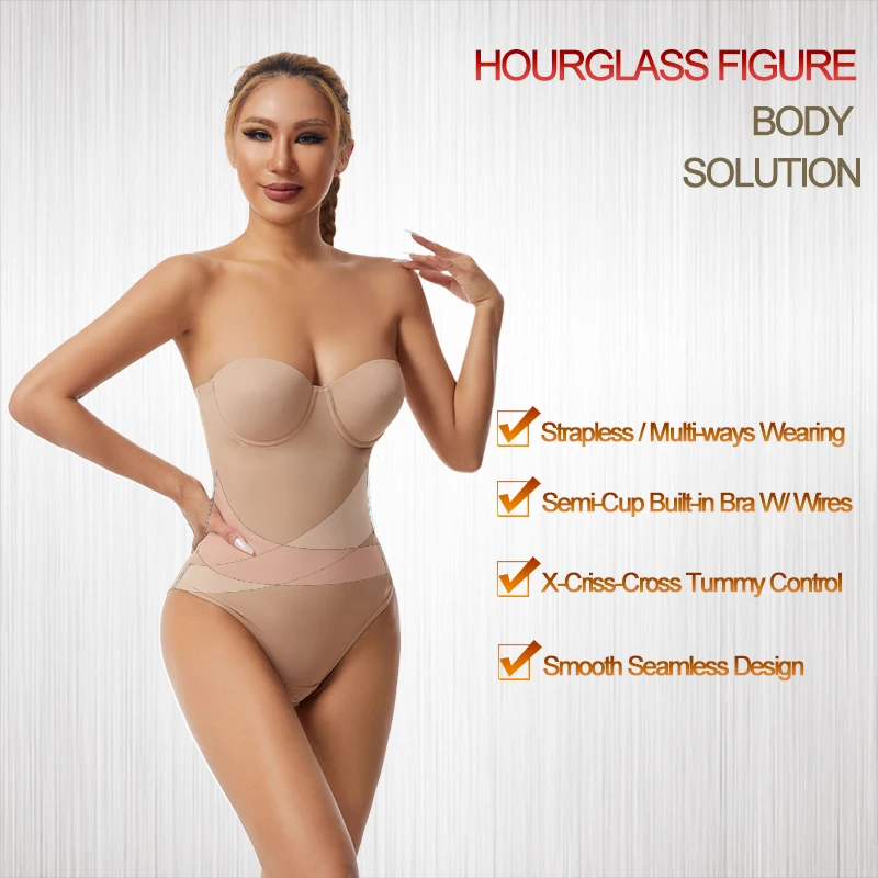 Plus Size Women Shapewear Strapless Body Shaper with Built-in Bra Strapless Invisible Bodysuit for Wedding Dress Tummy Control
