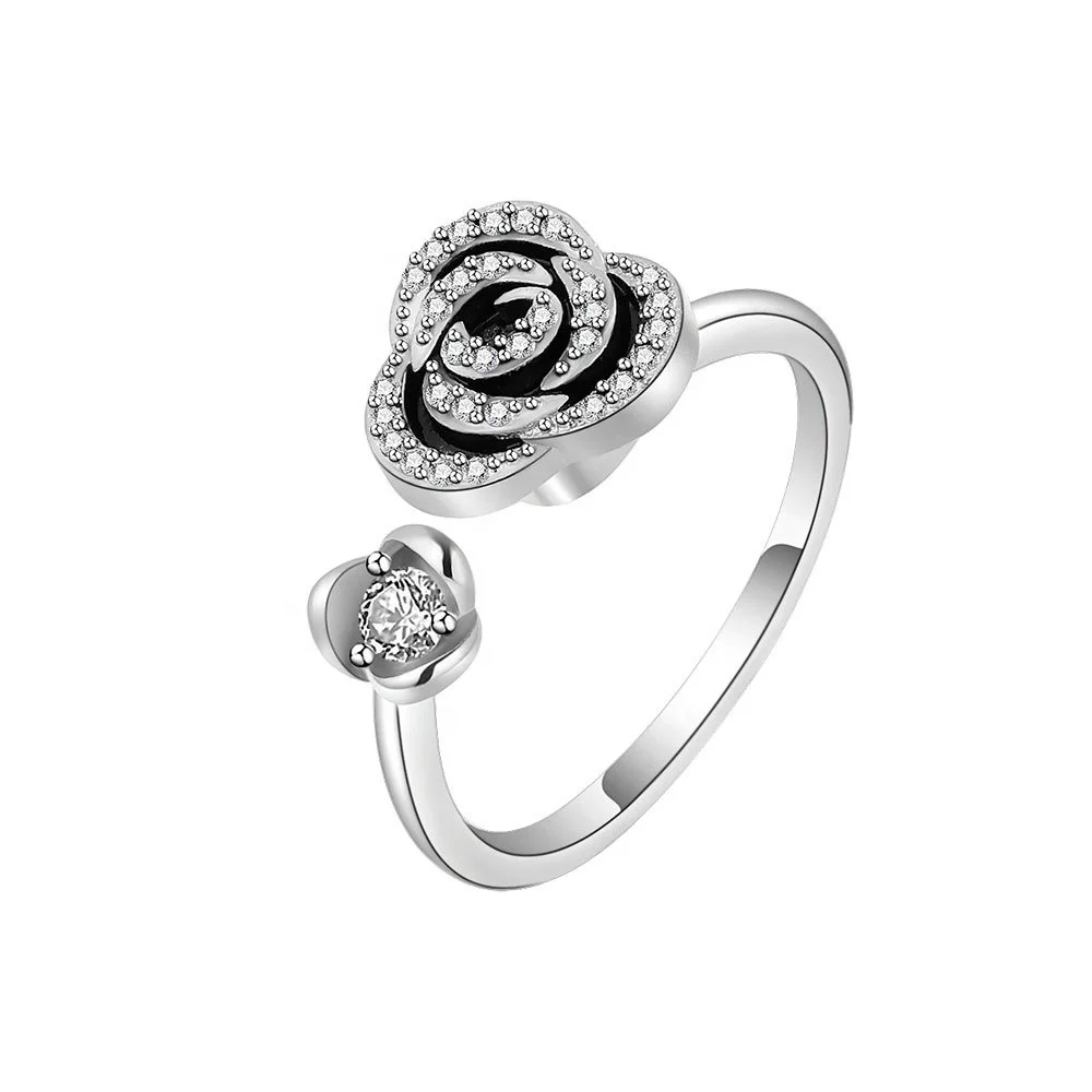 S925 Sterling Silver Can Rotating Vintage Rose Flower Ring Relief Fidget Spinner Anxiety Rings