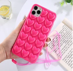 3D Love Heart Phone Chain Case For iPhone 11 12 13 14 Pro Max 6 6s 7 8 Plus X XR Soft TPU Back Cover