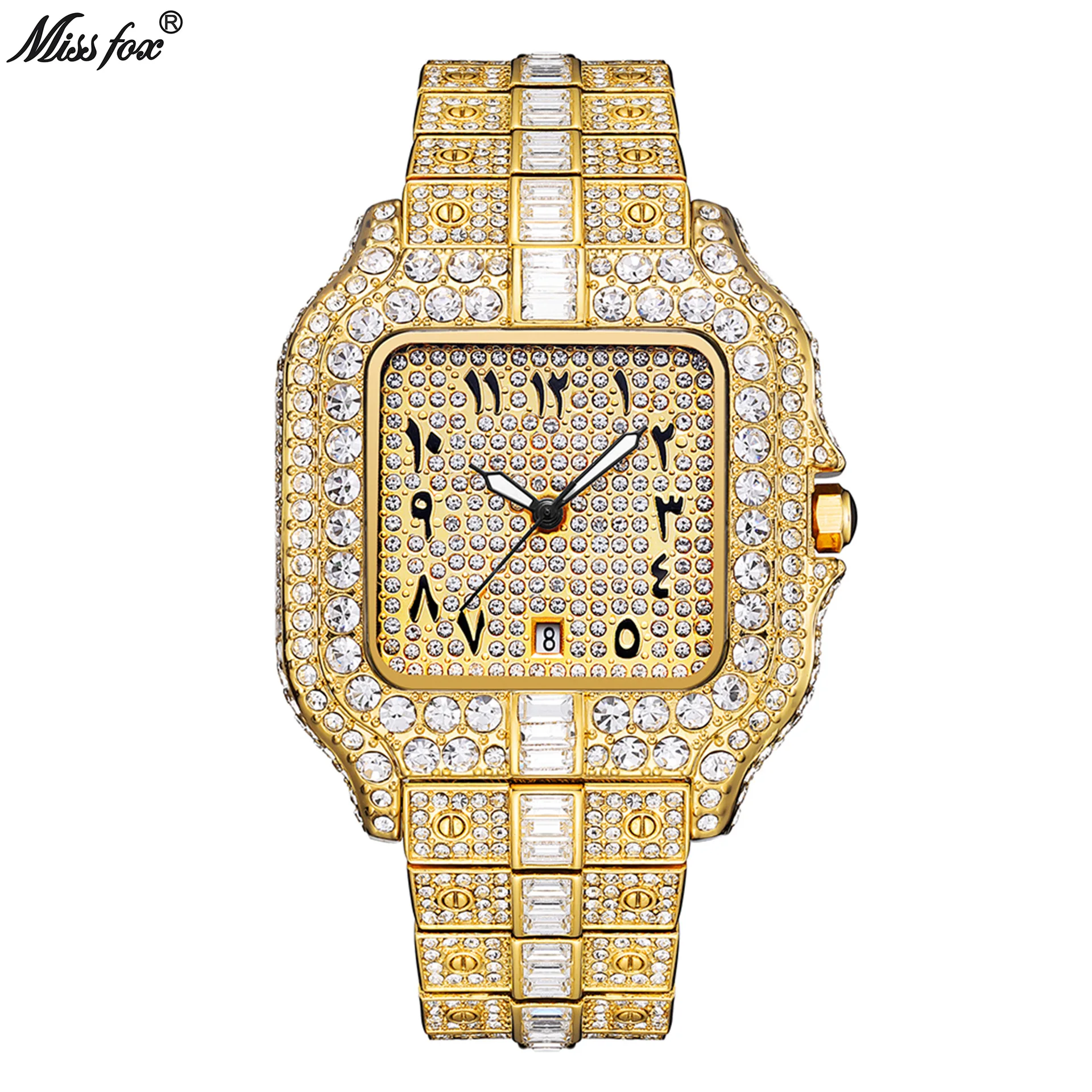 Hot promotion square steel strip timing calendar japan quartz movement diamond watch for men high end light luxury