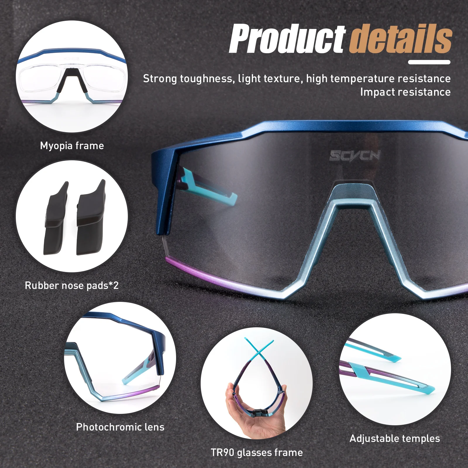 SCVCN Photochromic Glasses Outdoor Sports Men Women Cycling Sunglasses Road MTB Windproof Safety Eyewear Bike Bicycle Glasses