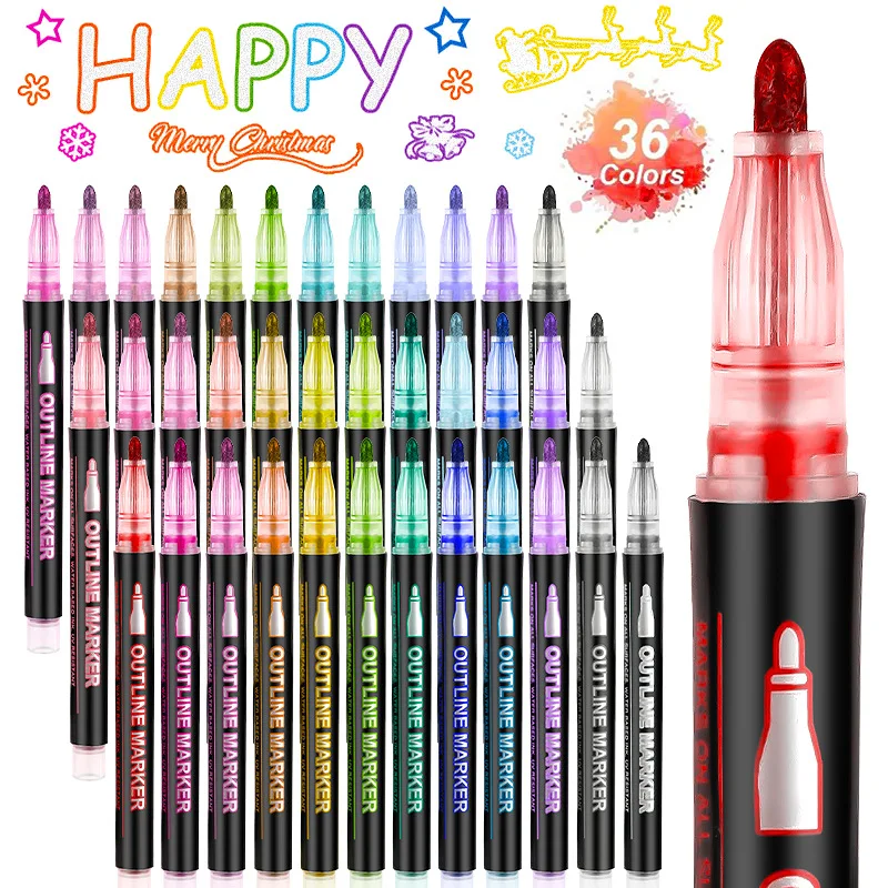 12 24 36 Colors Christmas gift card Outline water based eco-friendly Marker Set Drawing Writing glitter Double Line Marker Pen