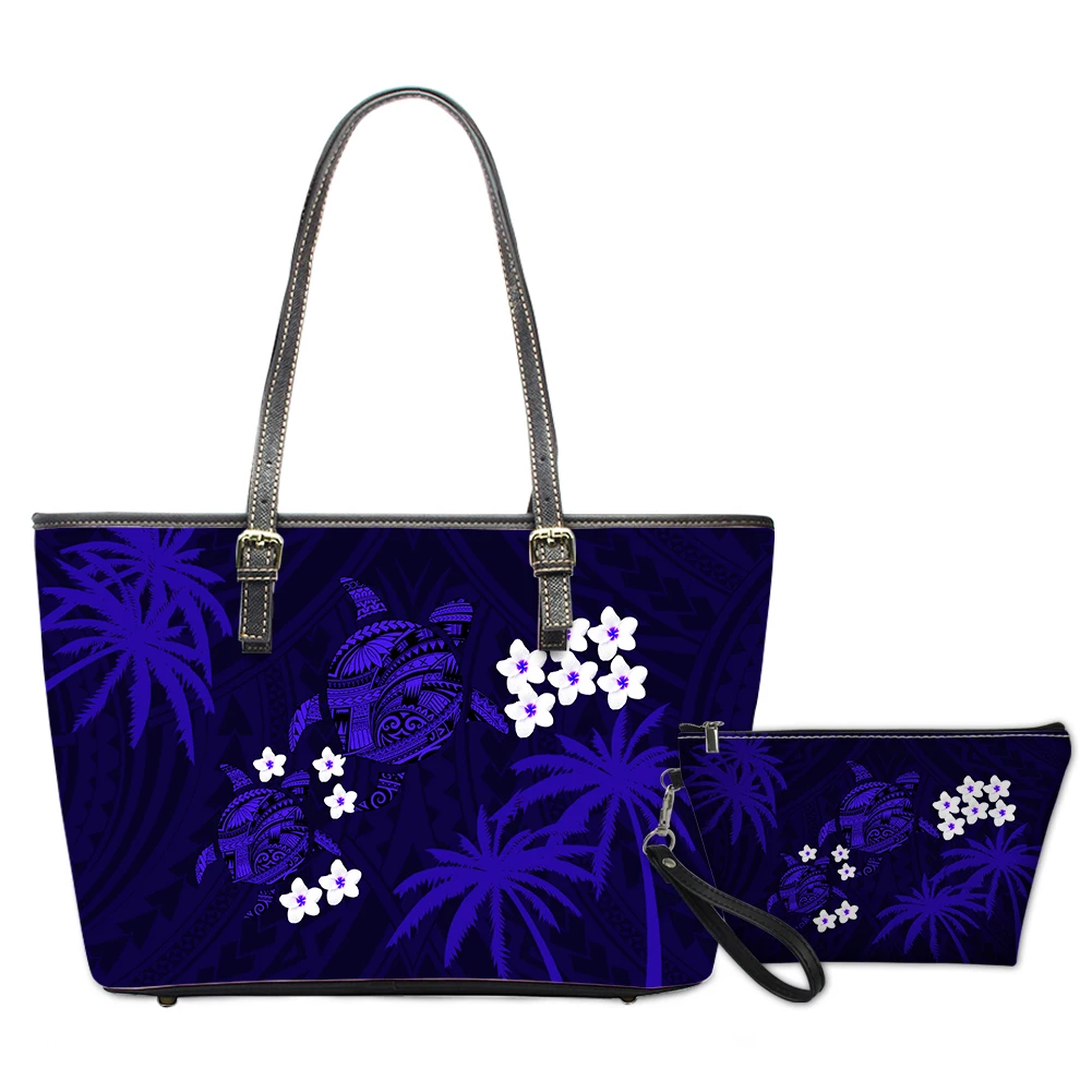 
Hawaiian 2Pcs Blue Flower Printed Bags Women Leather Large Tote and Cosmetic Bag Coconut Tree Bags For Ladies 