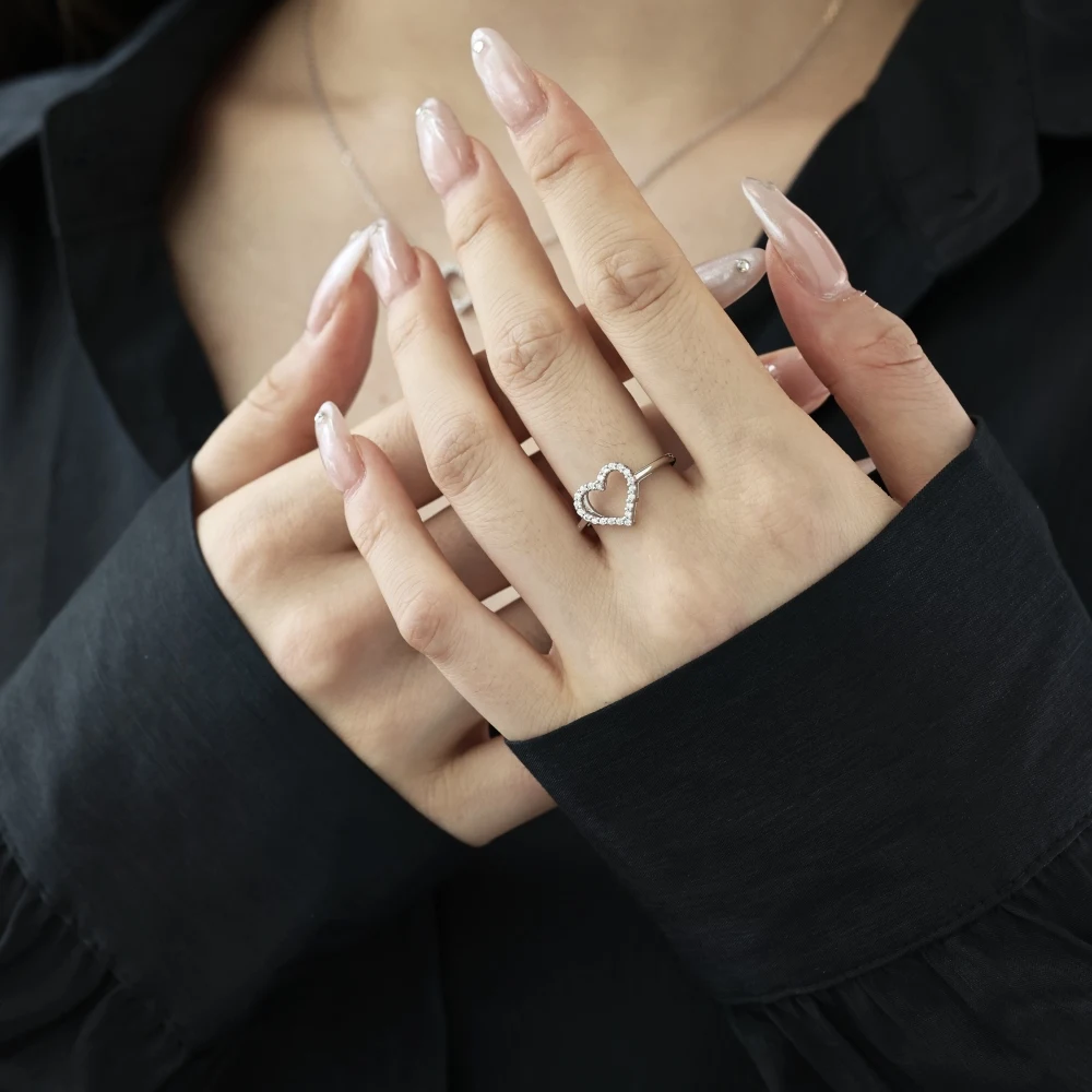 Dylam Women Daily Wear Jewelry Accessories S925 Silver Rhodium Plated 5A Zirconia Heart Necklace Earrings Ring Jewelry Set